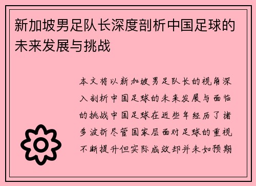 新加坡男足队长深度剖析中国足球的未来发展与挑战